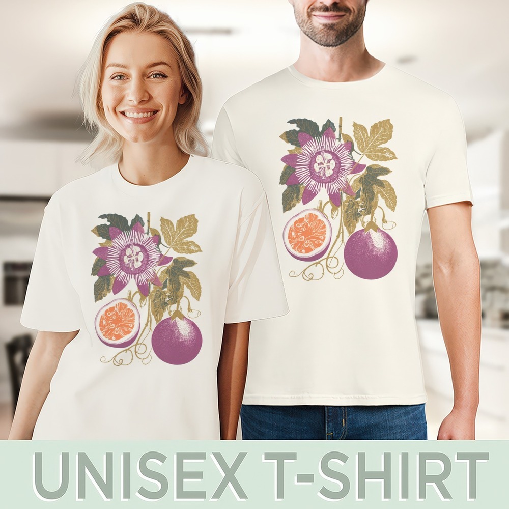 Botanical Garden Graphic Tee with Passion Flower and Fruit Illustration - Picture 4 of 7